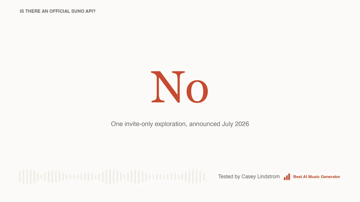 Is there an official Suno API? No, only an invite-only exploration announced in July 2026