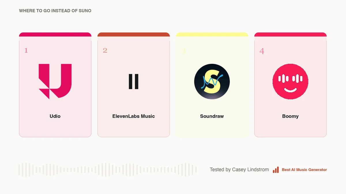 Four alternatives to Suno, scored on the same five criteria